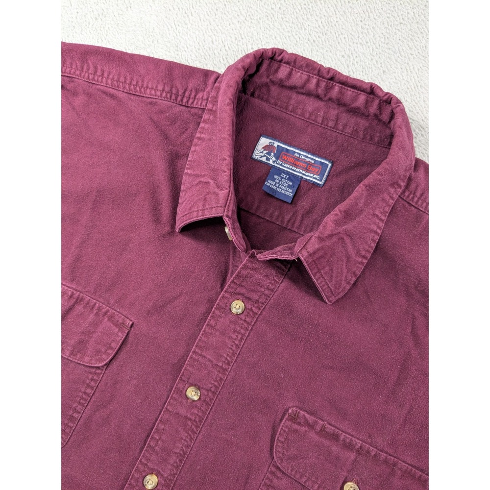 Williams Bay Mens 2XT Burgundy Cotton Long Sleeve Button Down Work Shirt Raw Hem